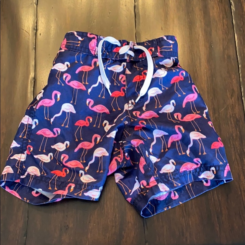 Janie & Jack Navy and Pink Flamingo Swim Trunks